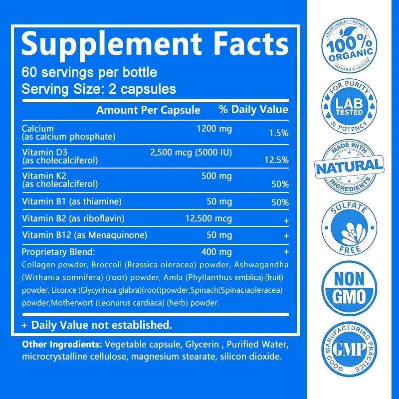 Glucosamine Chondroitin, an antioxidant, contains vitamins and minerals to support bone, tooth and muscle health