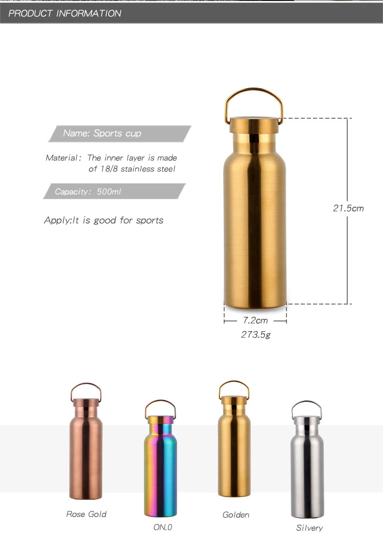 500ml Stainless Steel Water Bottle Hangable Gym Sports Insulated Vacuum Flask double Wall Cold metal Water Bottle for travel