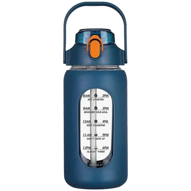 1000ML Glass Water Bottles With Straw, Glass Bottle With Silicone Sleeve And Time Marker, For Gym Camping Home Office
