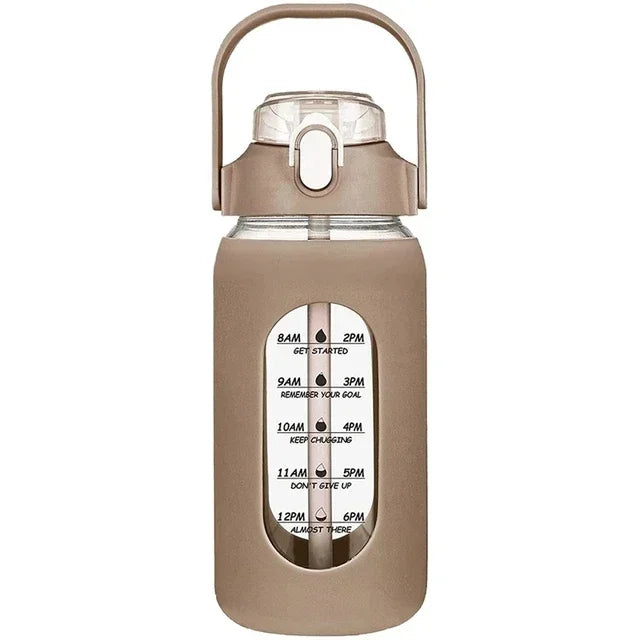 1000ML Glass Water Bottles With Straw, Glass Bottle With Silicone Sleeve And Time Marker, For Gym Camping Home Office