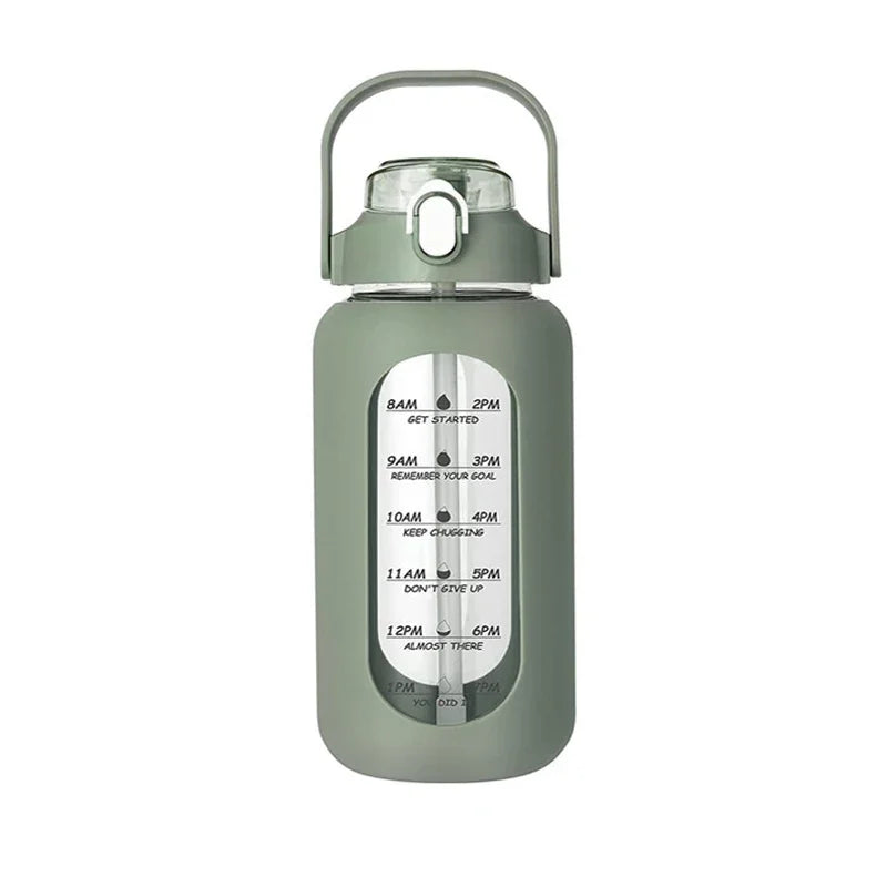 1000ML Glass Water Bottles With Straw, Glass Bottle With Silicone Sleeve And Time Marker, For Gym Camping Home Office