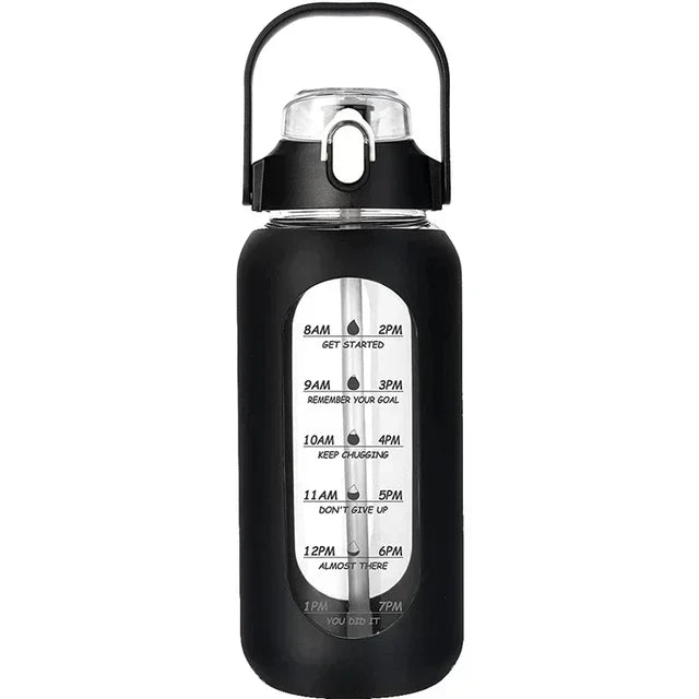 1000ML Glass Water Bottles With Straw, Glass Bottle With Silicone Sleeve And Time Marker, For Gym Camping Home Office