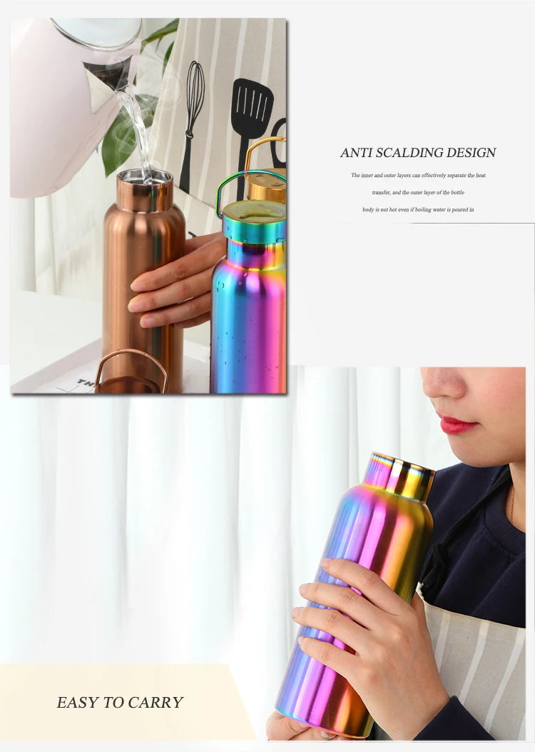 500ml Stainless Steel Water Bottle Hangable Gym Sports Insulated Vacuum Flask double Wall Cold metal Water Bottle for travel