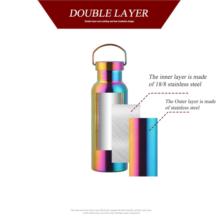 500ml Stainless Steel Water Bottle Hangable Gym Sports Insulated Vacuum Flask double Wall Cold metal Water Bottle for travel