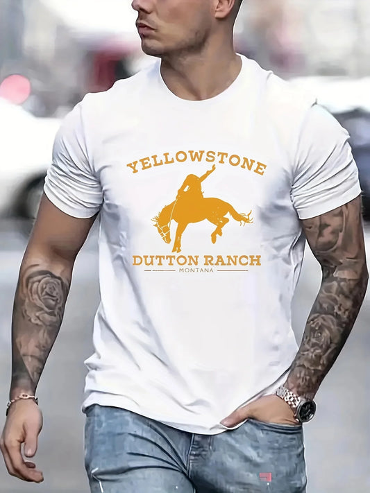 Mens Fashionable Crew Neck Short Sleeve Horse Print Sports T-Shirt - Comfortable Versatile Breathable Moisture-Wicking
