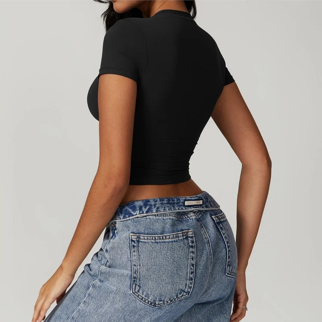 Solid color round neck women soft breathable tight belly short-sleeved T-shirt comprehensive training sport fitness short-shirt