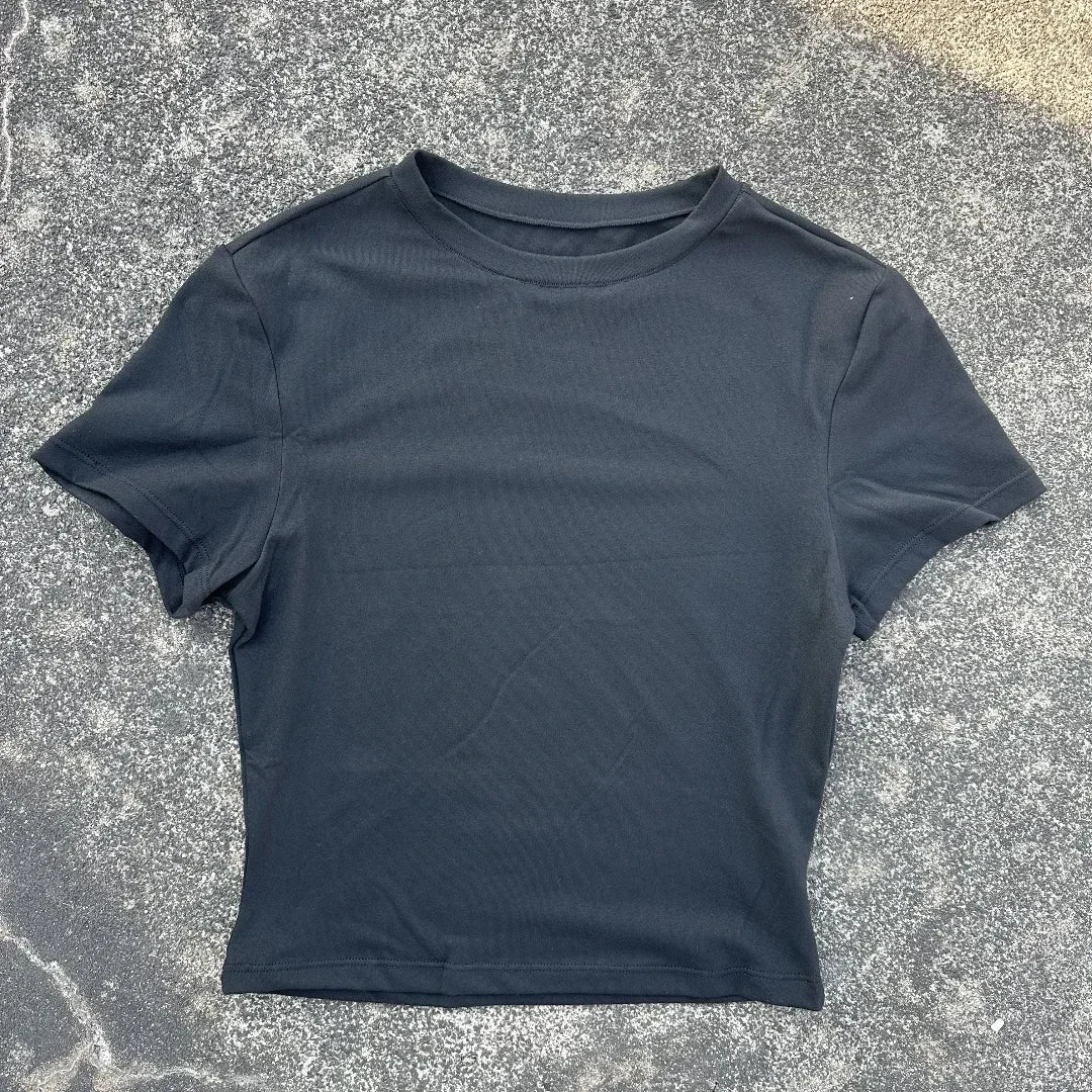 Solid color round neck women soft breathable tight belly short-sleeved T-shirt comprehensive training sport fitness short-shirt