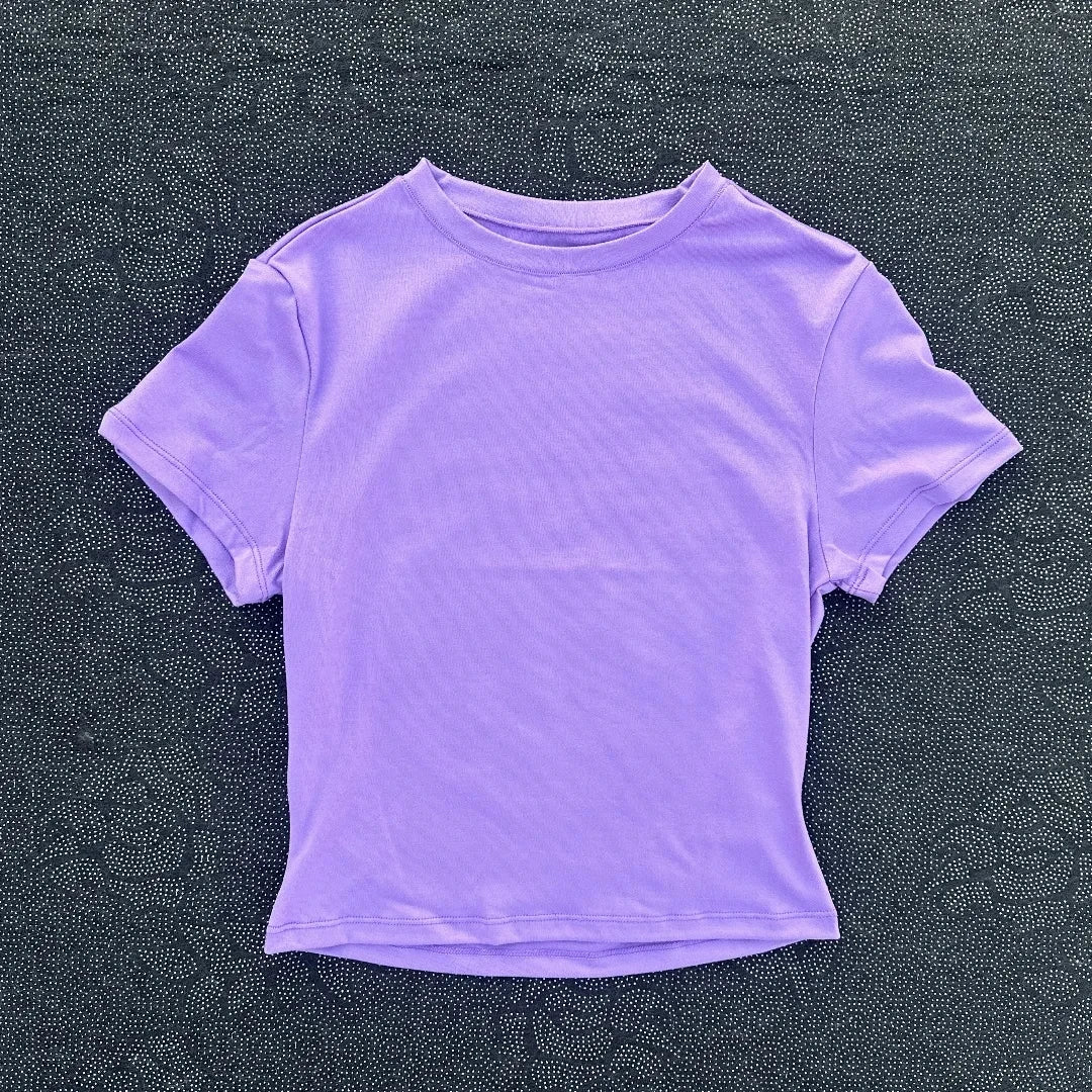 Solid color round neck women soft breathable tight belly short-sleeved T-shirt comprehensive training sport fitness short-shirt
