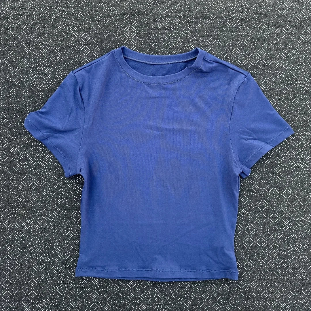 Solid color round neck women soft breathable tight belly short-sleeved T-shirt comprehensive training sport fitness short-shirt