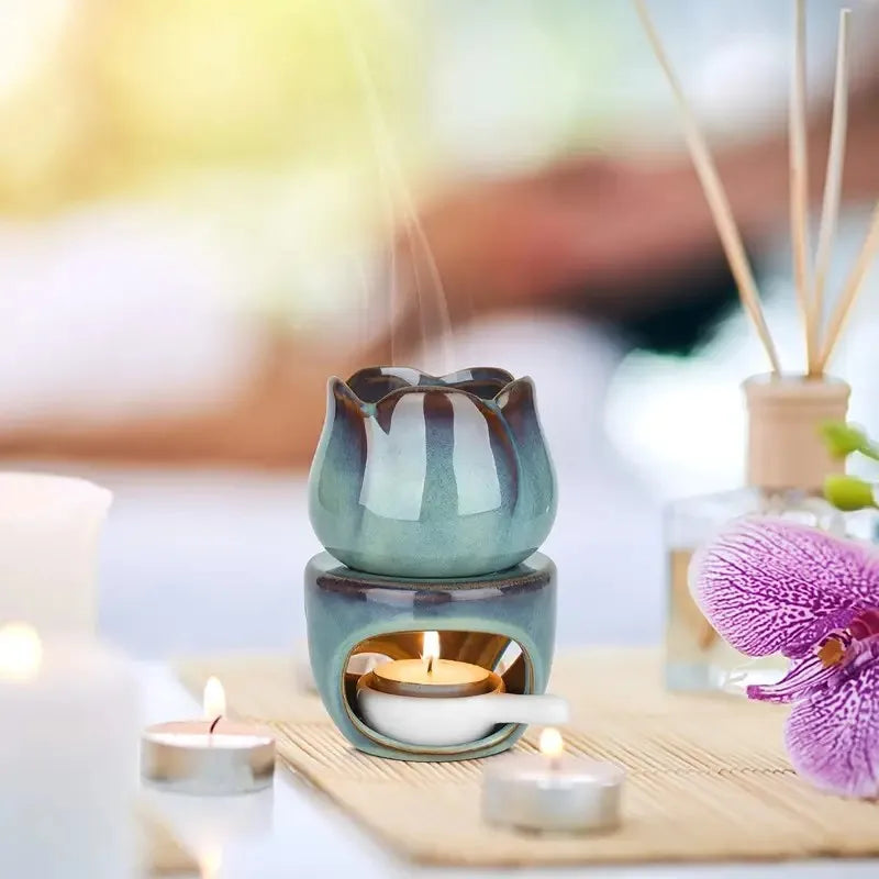 Ceramic Aromatherapy Diffuser Set, Tulip-Shaped Essential Oil Burner & Wax Melt Warmer, Candle Holder