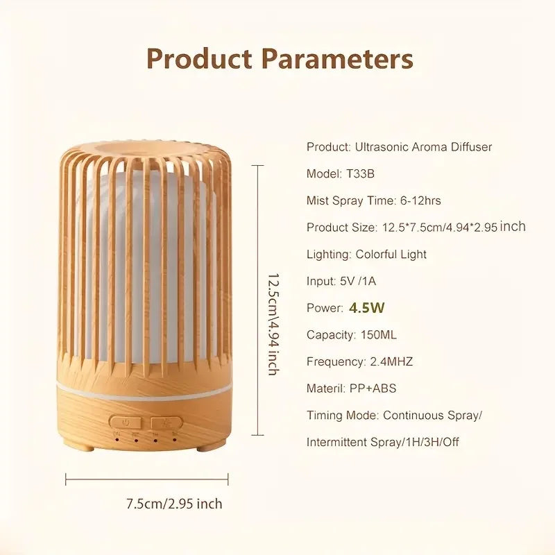 Wood Grain Essential Oil Diffuser & Ultrasonic  Humidifier, USB-Powered, 7 Color LED Lights, Auto Shut-Off, for Bedroom, Living