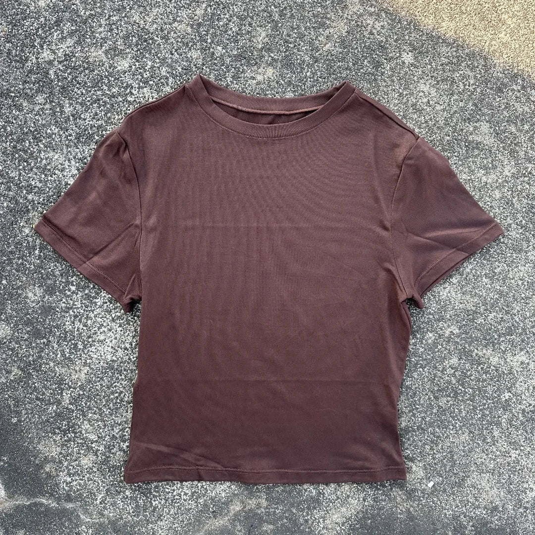 Solid color round neck women soft breathable tight belly short-sleeved T-shirt comprehensive training sport fitness short-shirt