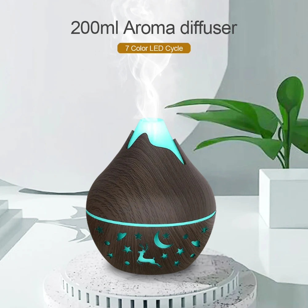 200ML USB Air Humidifier Diffuser Wood grain aroma diffuser with 7 color lights with 2 oils.