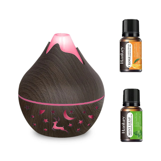 200ML USB Air Humidifier Diffuser Wood grain aroma diffuser with 7 color lights with 2 oils.
