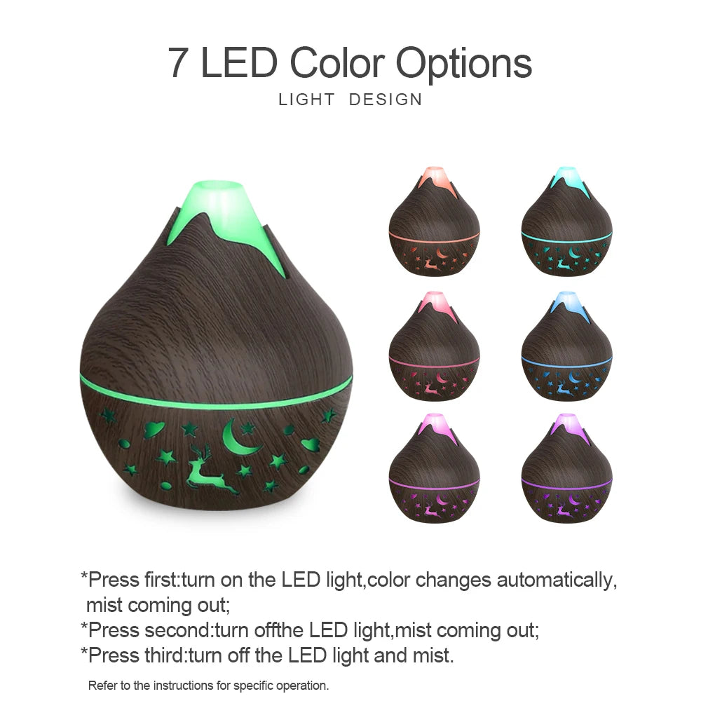 200ML USB Air Humidifier Diffuser Wood grain aroma diffuser with 7 color lights with 2 oils.