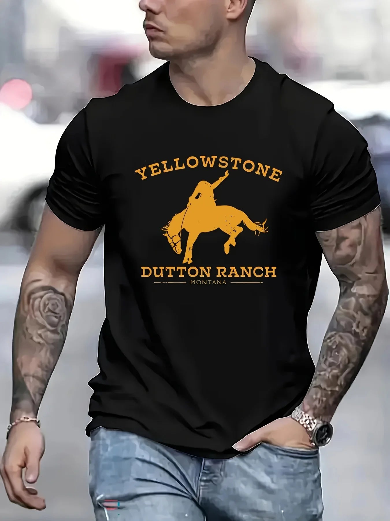Mens Fashionable Crew Neck Short Sleeve Horse Print Sports T-Shirt - Comfortable Versatile Breathable Moisture-Wicking