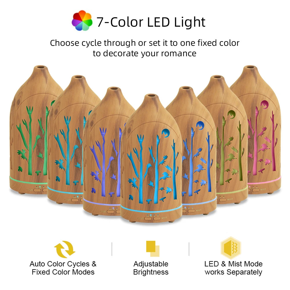 7-Color LED Aromatherapy Diffuser with Auto Shut-Off, Ultra Quiet Operation, Elegant Hollow Design for Home & Office Relaxation