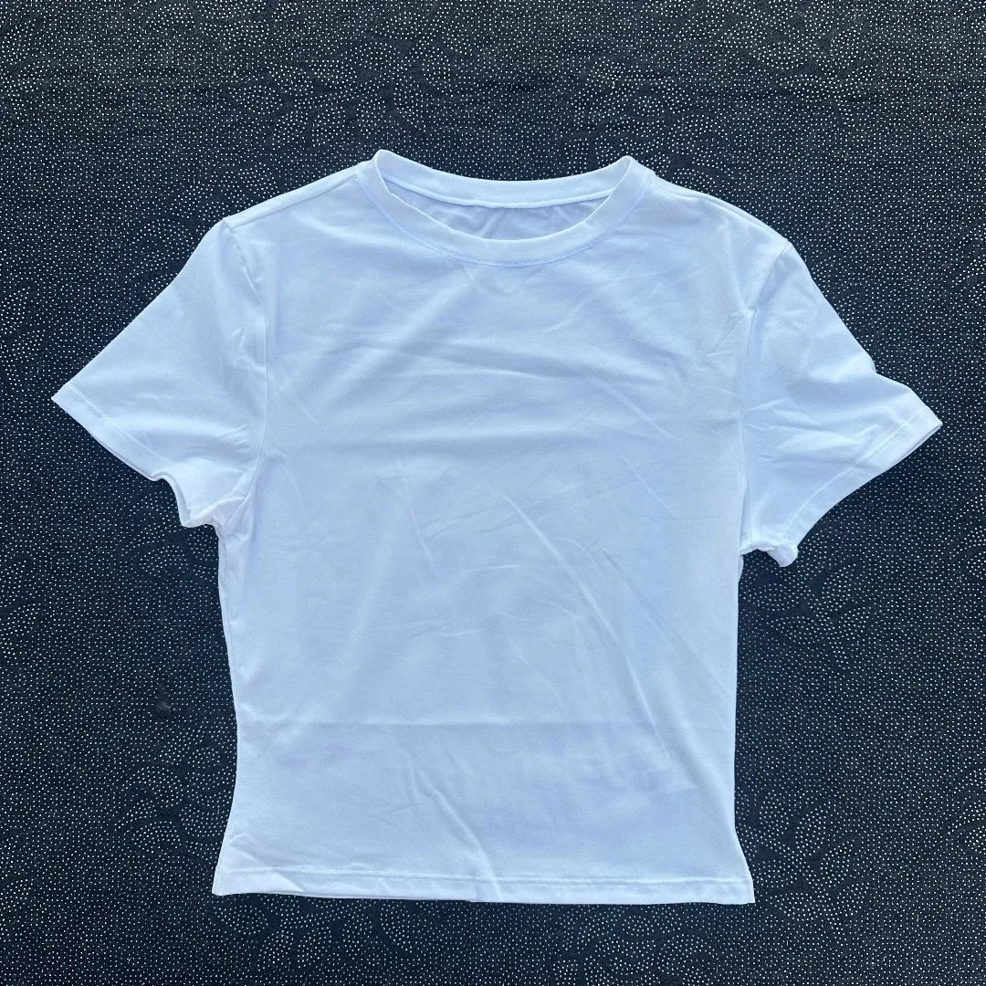 Solid color round neck women soft breathable tight belly short-sleeved T-shirt comprehensive training sport fitness short-shirt