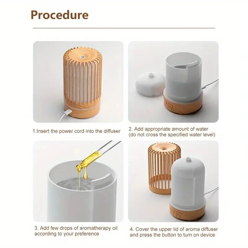 Wood Grain Essential Oil Diffuser & Ultrasonic  Humidifier, USB-Powered, 7 Color LED Lights, Auto Shut-Off, for Bedroom, Living
