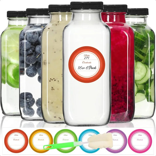 16 oz Glass Juice Bottles with Lids6 Pack Reusable Glass Drink Bottles 480ml Water Bottles for Milk Juicing Kombucha G
