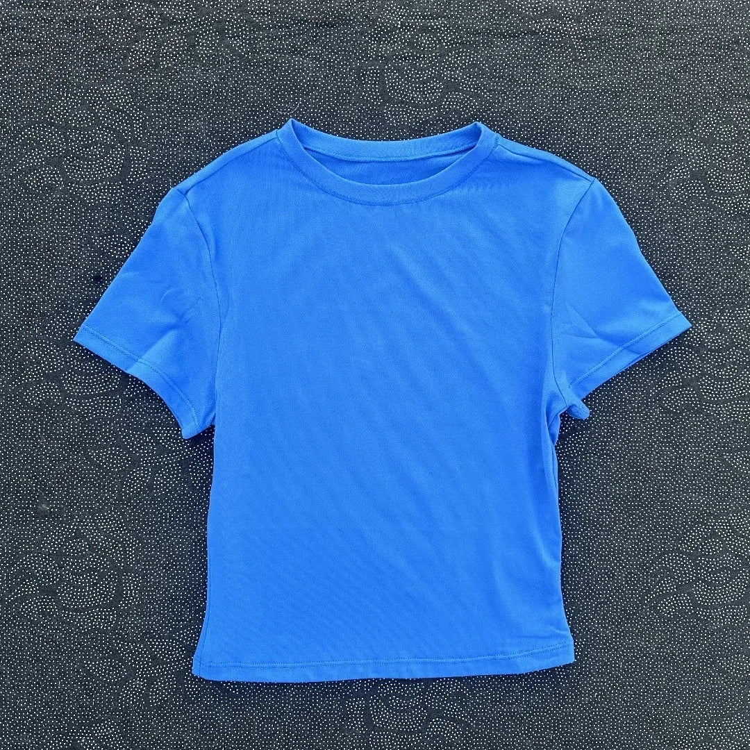 Solid color round neck women soft breathable tight belly short-sleeved T-shirt comprehensive training sport fitness short-shirt