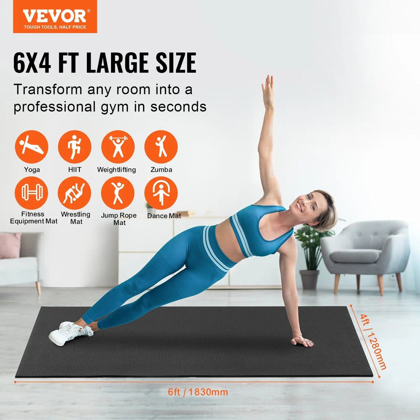 6'x4' Non-Slip Exercise Mat – High-Density – w/ Carry Bag (For Yoga/Pilates/Floor Workouts, Unisex Premium Mat)