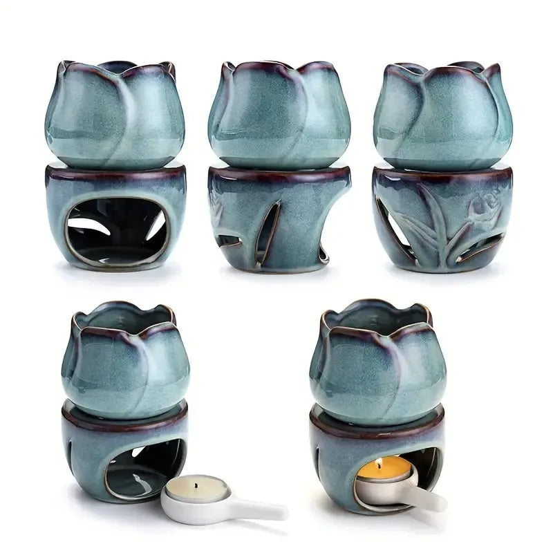 Ceramic Aromatherapy Diffuser Set, Tulip-Shaped Essential Oil Burner & Wax Melt Warmer, Candle Holder