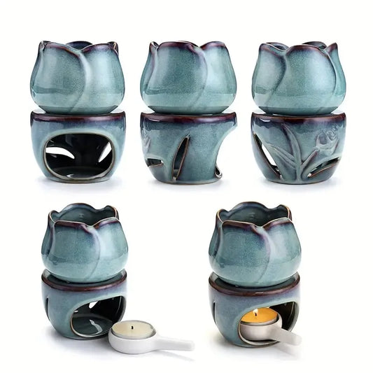 Ceramic Aromatherapy Diffuser Set, Tulip-Shaped Essential Oil Burner & Wax Melt Warmer, Candle Holder