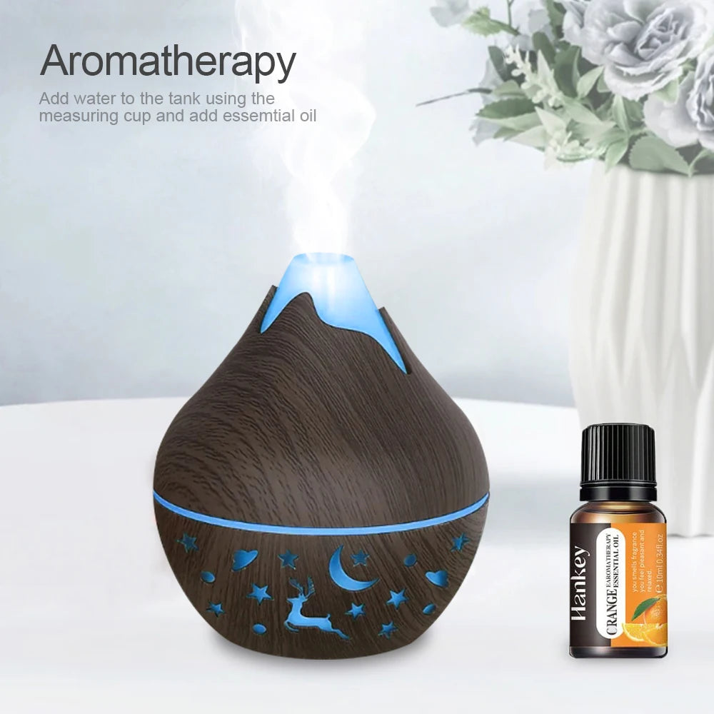 200ML USB Air Humidifier Diffuser Wood grain aroma diffuser with 7 color lights with 2 oils.